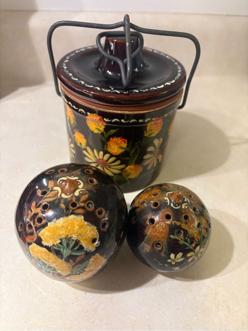 Lorca Spain Sump Workshop Folk Art Pottery Crock Wire Bail Salt Pepper Shakers
